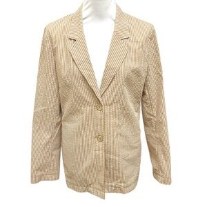 ADOLFODOMINGUEZ Thin Khaki Tan White Stripes Blazer pockets Eur Size 38/US 8 EUC